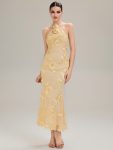 Floral Mesh Sleeveless Evening Dress – Yellow
