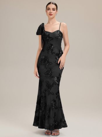 Jacquard Knit Sleeveless Evening Dress - Black