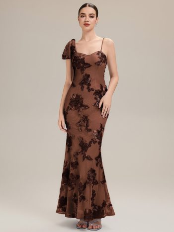 Jacquard Knit Sleeveless Evening Dress - Brown