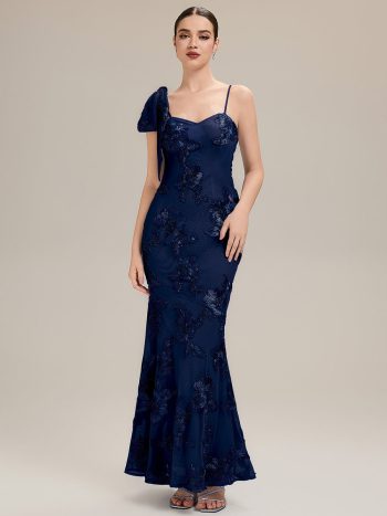 Jacquard Knit Sleeveless Evening Dress - Navy Blue