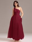 Chic A-Line One-Shoulder Tulle Maxi Bridesmaid Dress – Burgundy