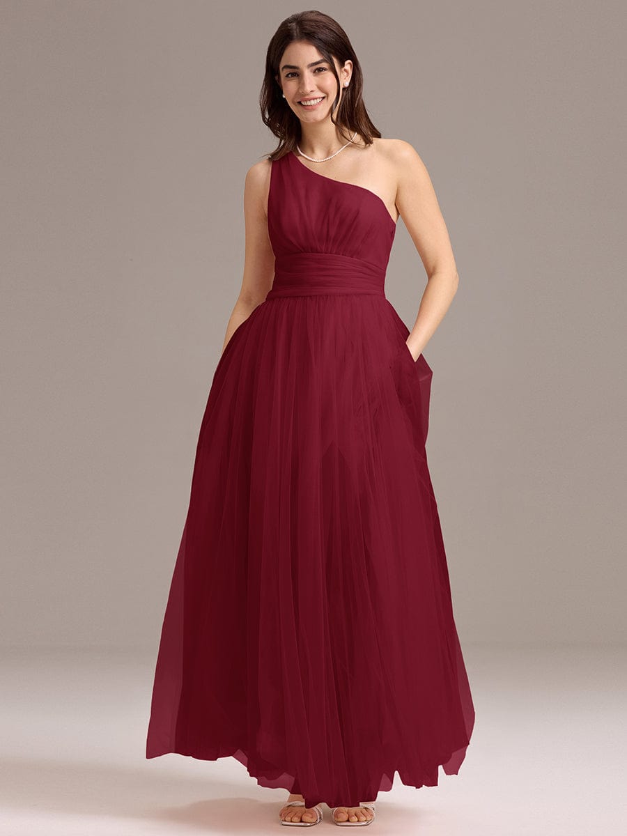 Chic A-Line One-Shoulder Tulle Maxi Bridesmaid Dress - Burgundy Chic A-Line One-Shoulder Tulle Maxi Bridesmaid Dress - Burgundy