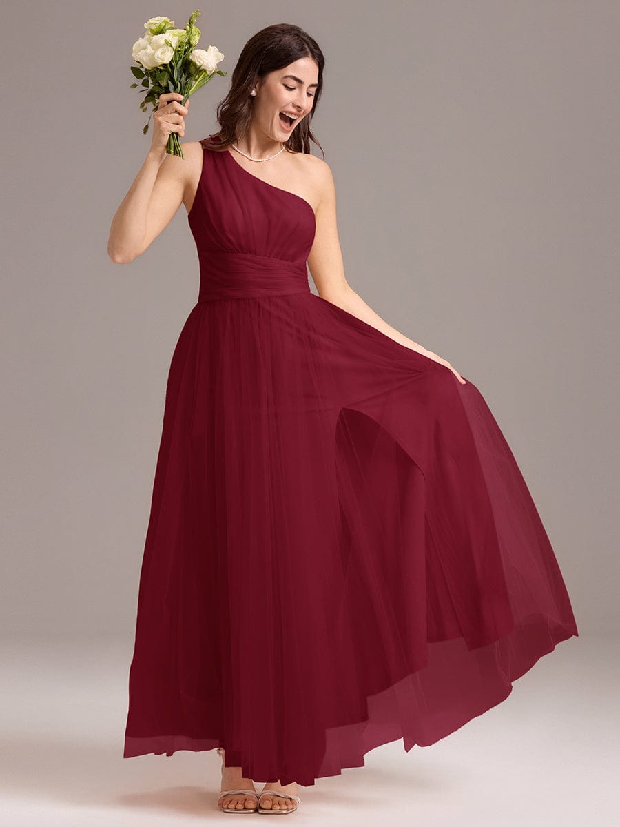 Chic A-Line One-Shoulder Tulle Maxi Bridesmaid Dress - Burgundy Chic A-Line One-Shoulder Tulle Maxi Bridesmaid Dress - Burgundy