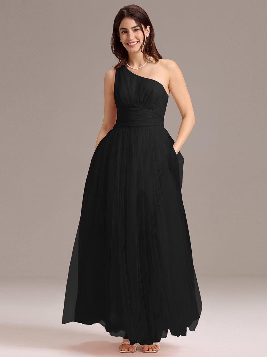 Chic A-Line One-Shoulder Tulle Maxi Bridesmaid Dress - Black Chic A-Line One-Shoulder Tulle Maxi Bridesmaid Dress - Black