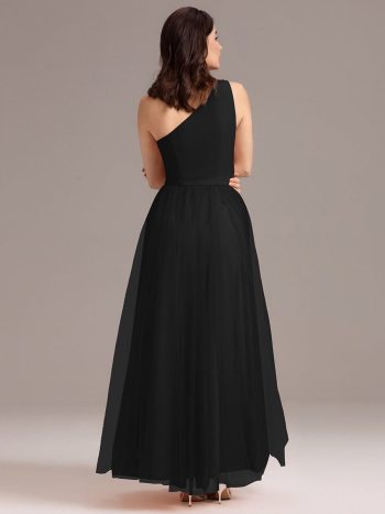 Chic A-Line One-Shoulder Tulle Maxi Bridesmaid Dress - Black