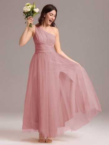 Chic A-Line One-Shoulder Tulle Maxi Bridesmaid Dress - Dusty Rose