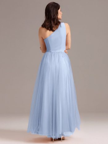 Chic A-Line One-Shoulder Tulle Maxi Bridesmaid Dress - Ice Blue