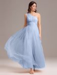 Chic A-Line One-Shoulder Tulle Maxi Bridesmaid Dress – Ice Blue