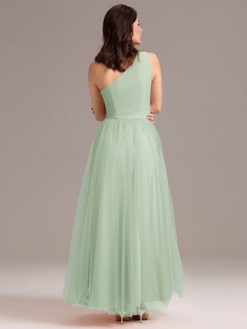 Chic A-Line One-Shoulder Tulle Maxi Bridesmaid Dress - Mint Green