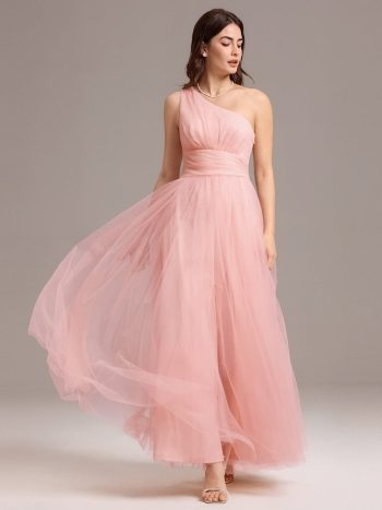 Chic A-Line One-Shoulder Tulle Maxi Bridesmaid Dress - Pink