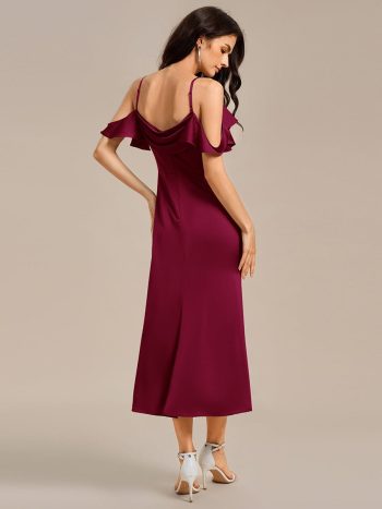 Ruffled Off Shoulder Satin Midi Mermaid Bridesmaid Dress - Burgundy