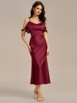 Ruffled Off Shoulder Satin Midi Mermaid Bridesmaid Dress – Burgundy