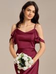 Ruffled Off Shoulder Satin Midi Mermaid Bridesmaid Dress – Burgundy