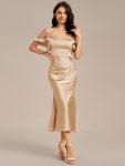 Ruffled Off Shoulder Satin Midi Mermaid Bridesmaid Dress – Champagne