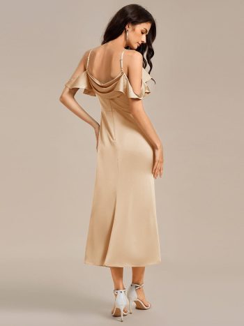Ruffled Off Shoulder Satin Midi Mermaid Bridesmaid Dress - Champagne