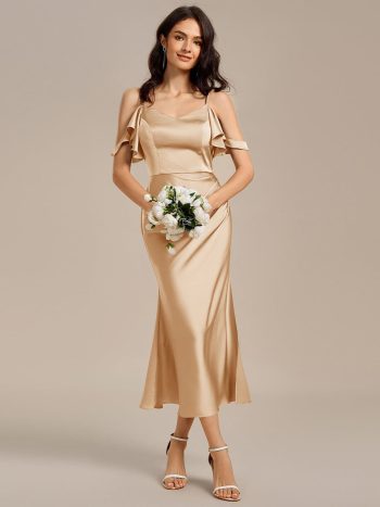 Ruffled Off Shoulder Satin Midi Mermaid Bridesmaid Dress - Champagne