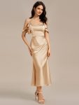 Ruffled Off Shoulder Satin Midi Mermaid Bridesmaid Dress – Champagne