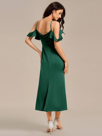 Ruffled Off Shoulder Satin Midi Mermaid Bridesmaid Dress - Dark Green