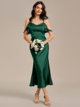 Ruffled Off Shoulder Satin Midi Mermaid Bridesmaid Dress – Dark Green