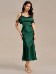 Ruffled Off Shoulder Satin Midi Mermaid Bridesmaid Dress - Dark Green