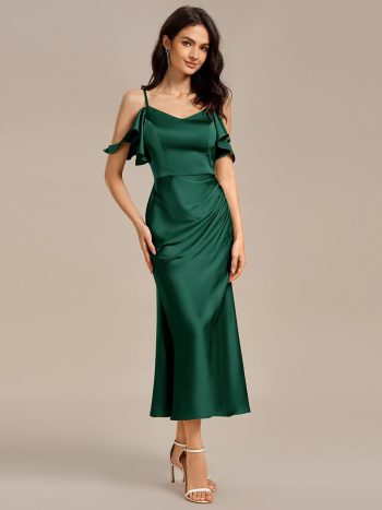 Ruffled Off Shoulder Satin Midi Mermaid Bridesmaid Dress - Dark Green
