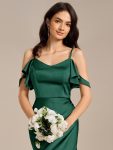 Ruffled Off Shoulder Satin Midi Mermaid Bridesmaid Dress – Dark Green