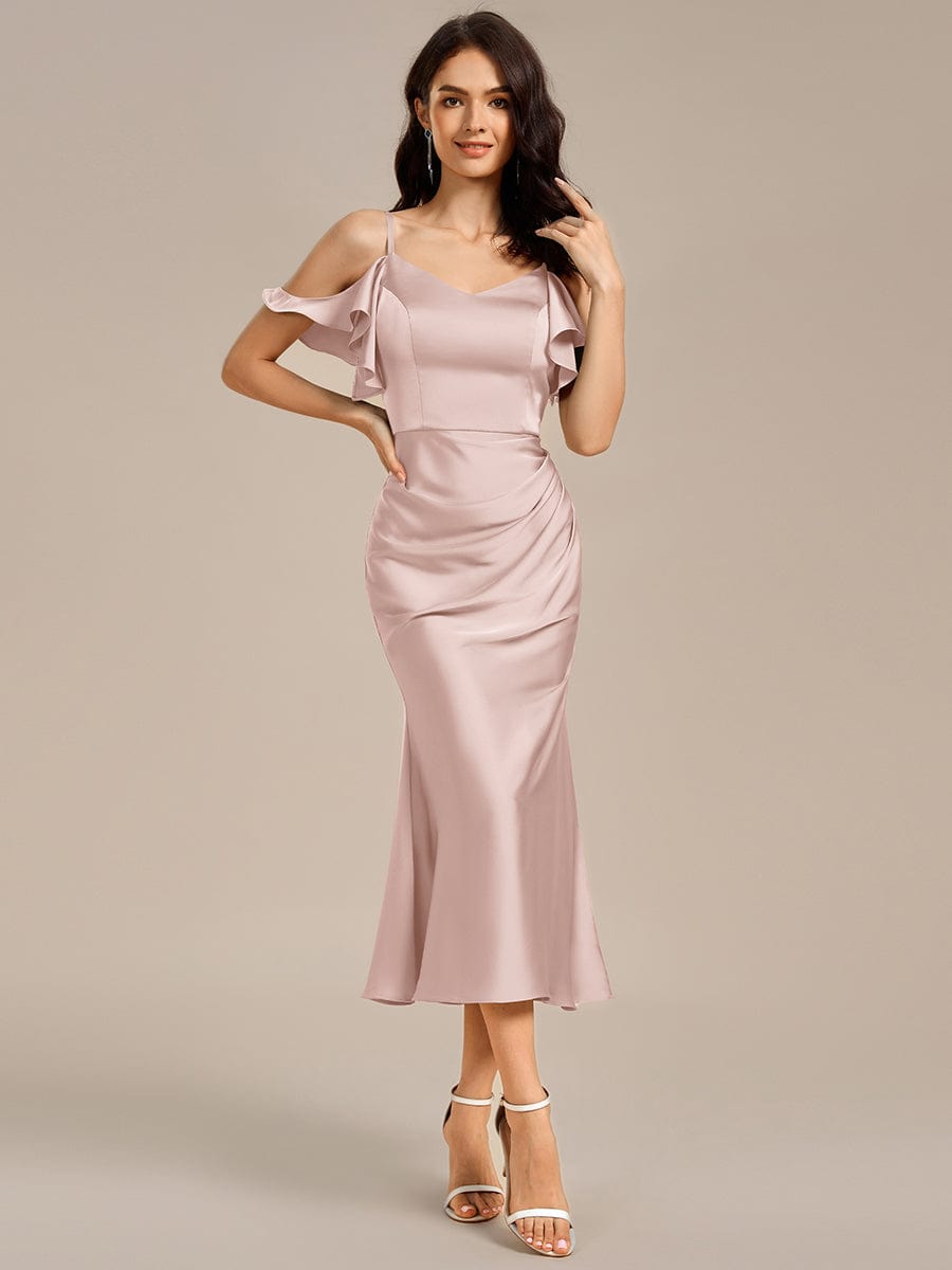 Ruffled Off Shoulder Satin Midi Mermaid Bridesmaid Dress - Pink Ruffled Off Shoulder Satin Midi Mermaid Bridesmaid Dress - Pink