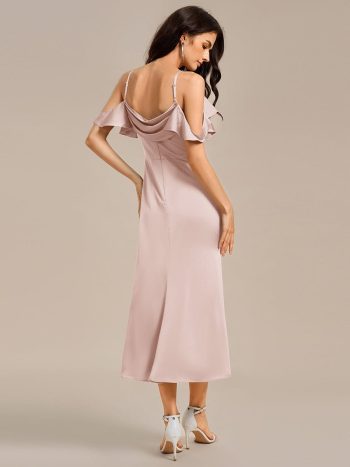 Ruffled Off Shoulder Satin Midi Mermaid Bridesmaid Dress - Pink