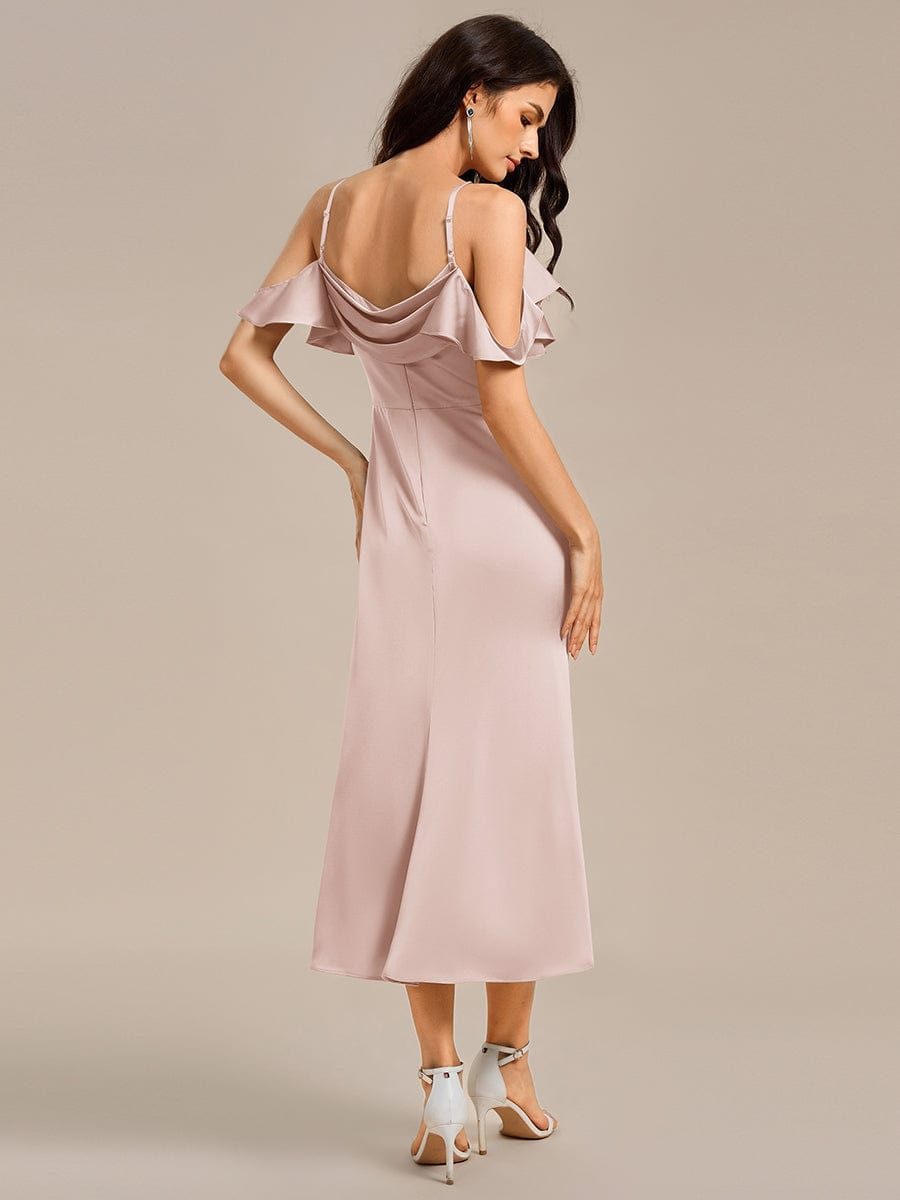 Ruffled Off Shoulder Satin Midi Mermaid Bridesmaid Dress - Pink Ruffled Off Shoulder Satin Midi Mermaid Bridesmaid Dress - Pink