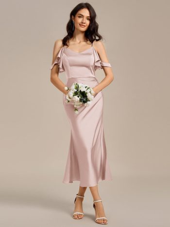 Ruffled Off Shoulder Satin Midi Mermaid Bridesmaid Dress - Pink