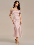 Ruffled Off Shoulder Satin Midi Mermaid Bridesmaid Dress – Pink