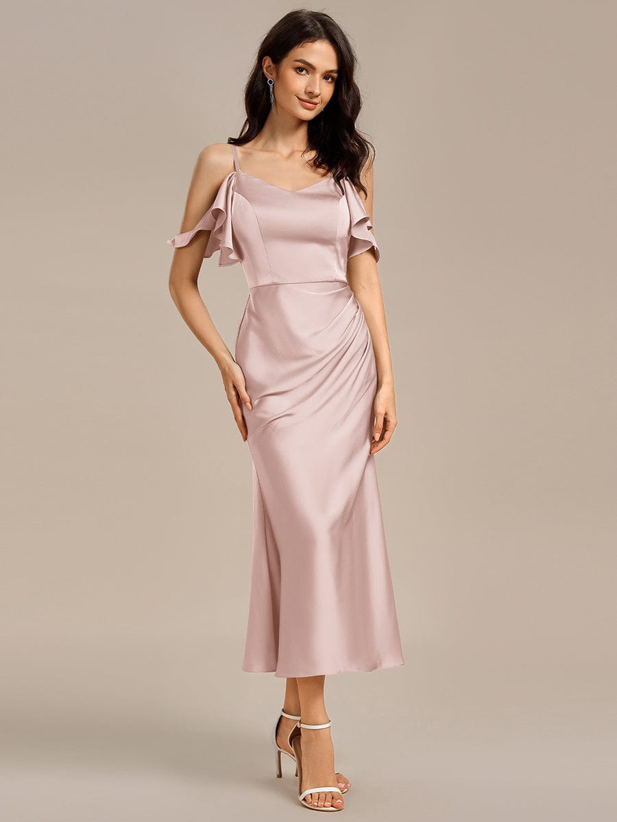 Ruffled Off Shoulder Satin Midi Mermaid Bridesmaid Dress - Pink Ruffled Off Shoulder Satin Midi Mermaid Bridesmaid Dress - Pink