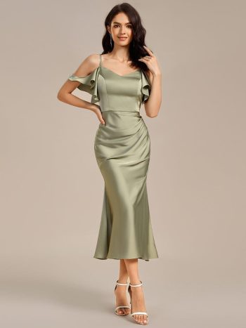 Ruffled Off Shoulder Satin Midi Mermaid Bridesmaid Dress - Sage Green