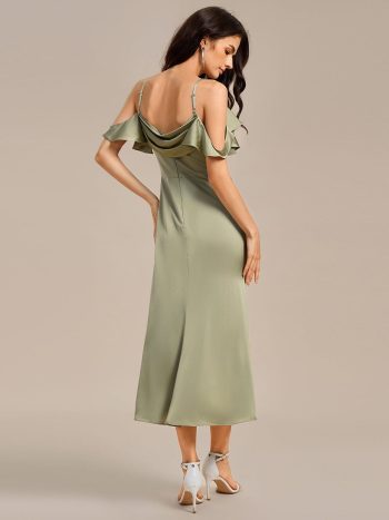 Ruffled Off Shoulder Satin Midi Mermaid Bridesmaid Dress - Sage Green