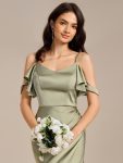 Ruffled Off Shoulder Satin Midi Mermaid Bridesmaid Dress – Sage Green