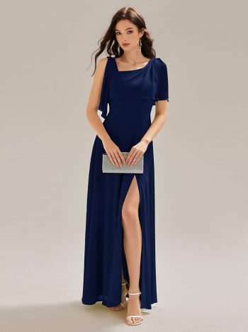 Thigh-High Slit Chiffon Sleeveless Maxi Dress - Navy Blue