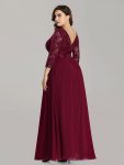 See-Through Floor Length Lace Chiffon Evening Dress with Half Sleeve – Burgundy