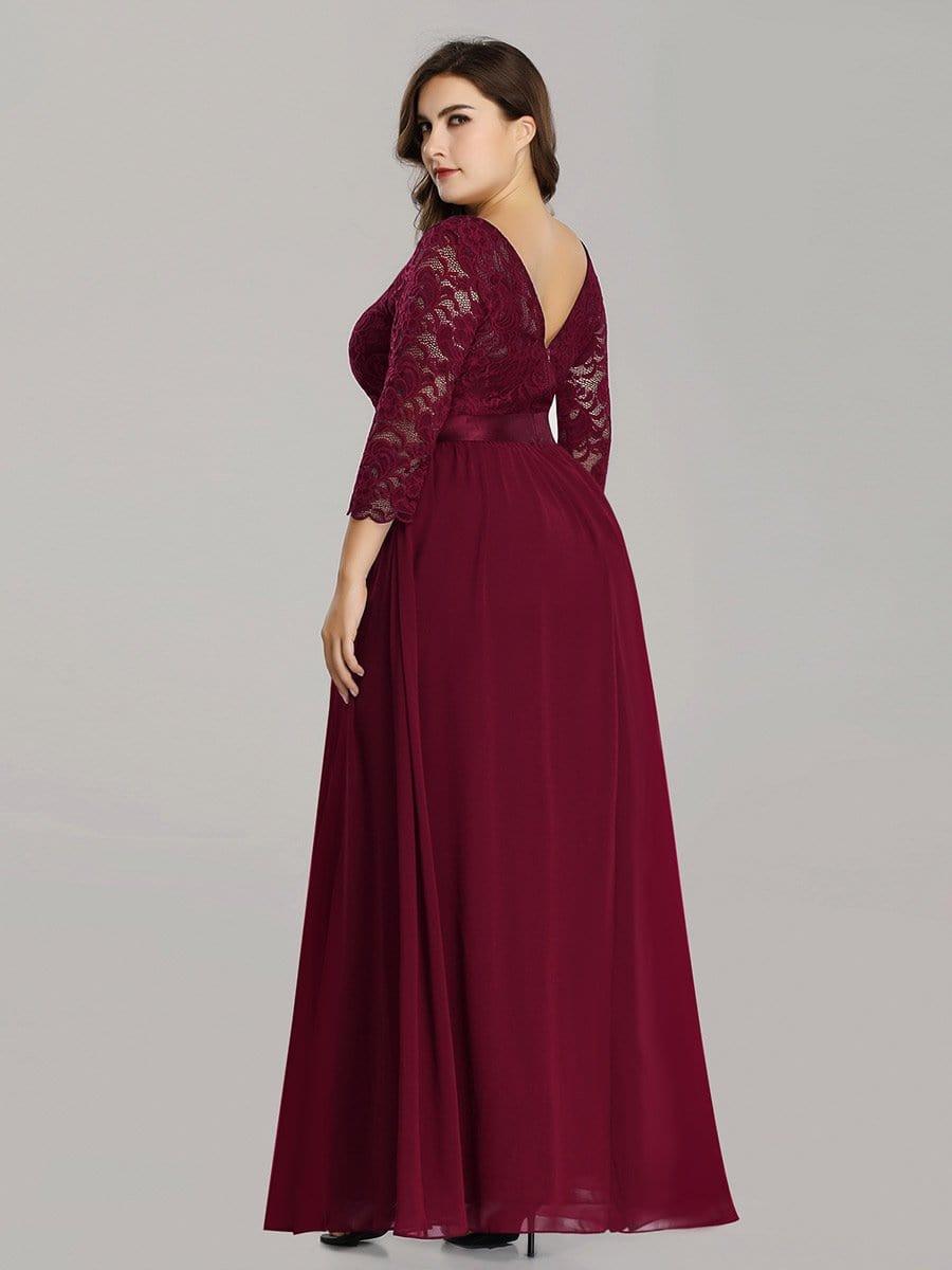 See-Through Floor Length Lace Chiffon Evening Dress with Half Sleeve - Burgundy See-Through Floor Length Lace Chiffon Evening Dress with Half Sleeve - Burgundy