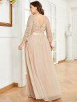 See-Through Floor Length Lace Chiffon Evening Dress with Half Sleeve – Blush
