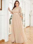 See-Through Floor Length Lace Chiffon Evening Dress with Half Sleeve – Blush