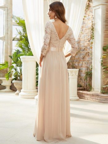 See-Through Floor Length Lace Chiffon Evening Dress with Half Sleeve - Blush