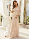 See-Through Floor Length Lace Chiffon Evening Dress with Half Sleeve - Blush