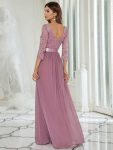 See-Through Floor Length Lace Chiffon Evening Dress with Half Sleeve – Purple Orchid