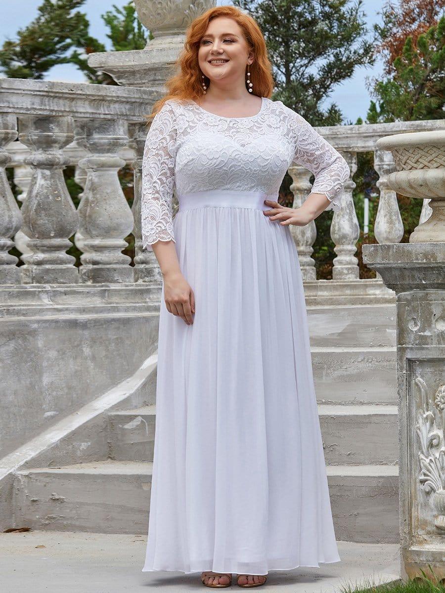 See-Through Floor Length Lace Chiffon Evening Dress with Half Sleeve - White See-Through Floor Length Lace Chiffon Evening Dress with Half Sleeve - White