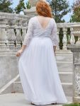See-Through Floor Length Lace Chiffon Evening Dress with Half Sleeve – White