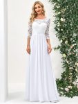 See-Through Floor Length Lace Chiffon Evening Dress with Half Sleeve - White