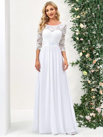 See-Through Floor Length Lace Chiffon Evening Dress with Half Sleeve - White