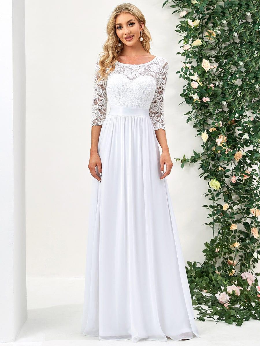 See-Through Floor Length Lace Chiffon Evening Dress with Half Sleeve - White See-Through Floor Length Lace Chiffon Evening Dress with Half Sleeve - White