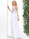 See-Through Floor Length Lace Chiffon Evening Dress with Half Sleeve – White