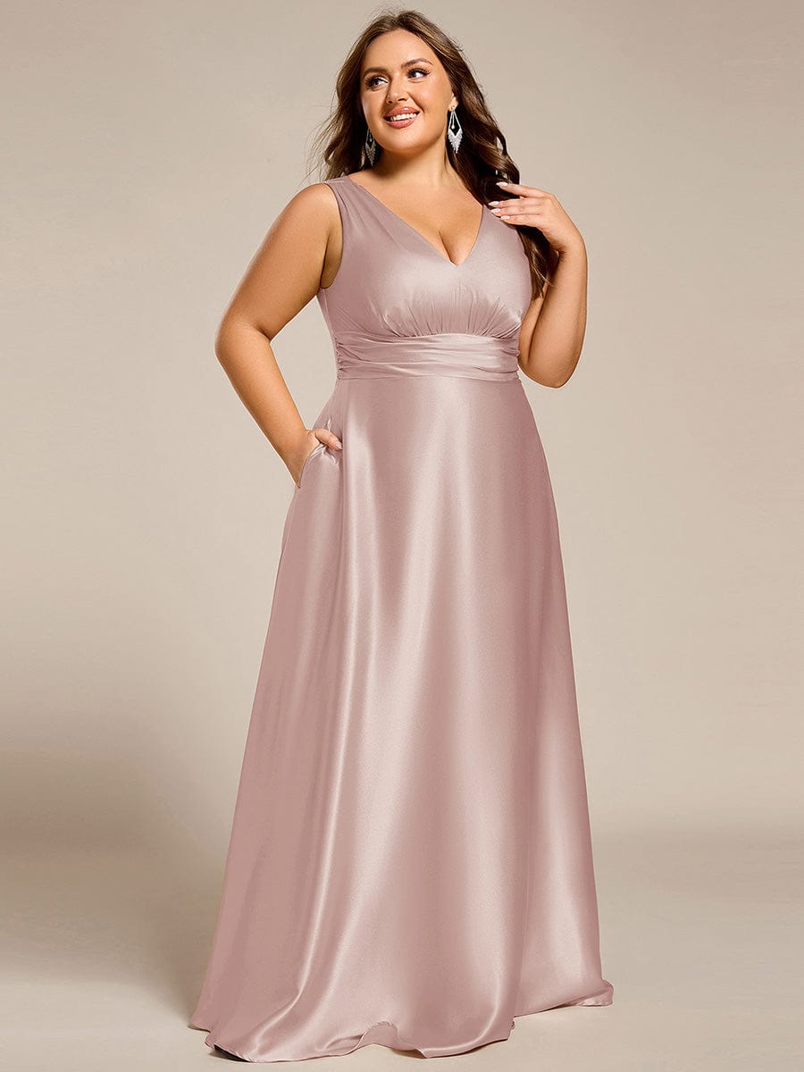 V-neck Empire Waist Satin Maxi Bridesmaid Dress with Pockets - Mauve V-neck Empire Waist Satin Maxi Bridesmaid Dress with Pockets - Mauve